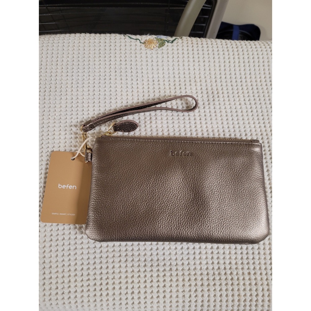 Genuine Leather Wristlet Metallic/Bronze Clutch Bag with Exterior Pocket Befen
